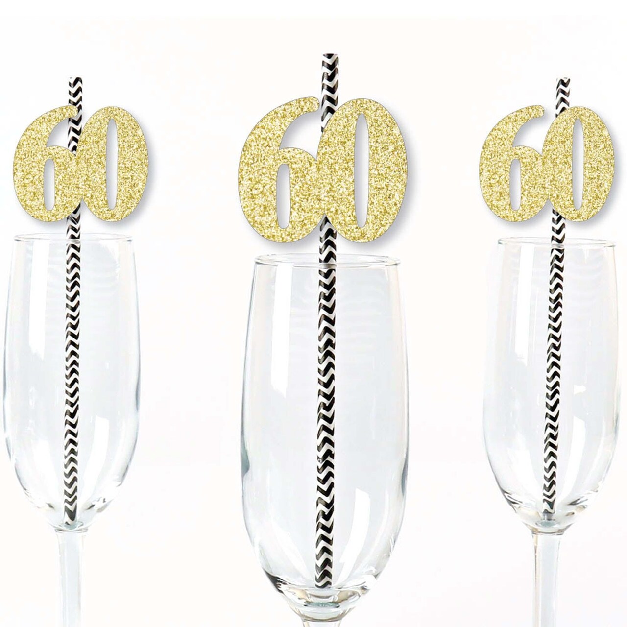 Big Dot of Happiness Gold Glitter 60 Party Straws - No-Mess Real Gold Glitter Cut-Out Numbers & Decorative 60th Birthday Party Paper Straws - 24 Ct